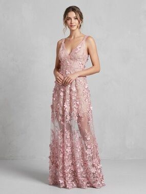 Gianni Bini Pink 3D Floral Lace Gown Illusion Maxi Dress Size 6